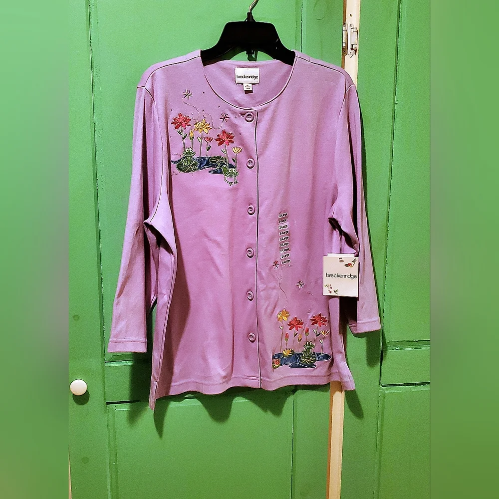 Vintage Lavender Embroidered Front Button Knit Blouse - Picture 1 of 12